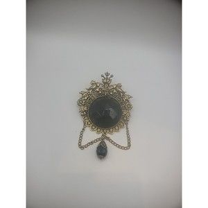 Vintage Black Chatelaine Gold Tone Brooch Pin Pendant Jewelry Costume